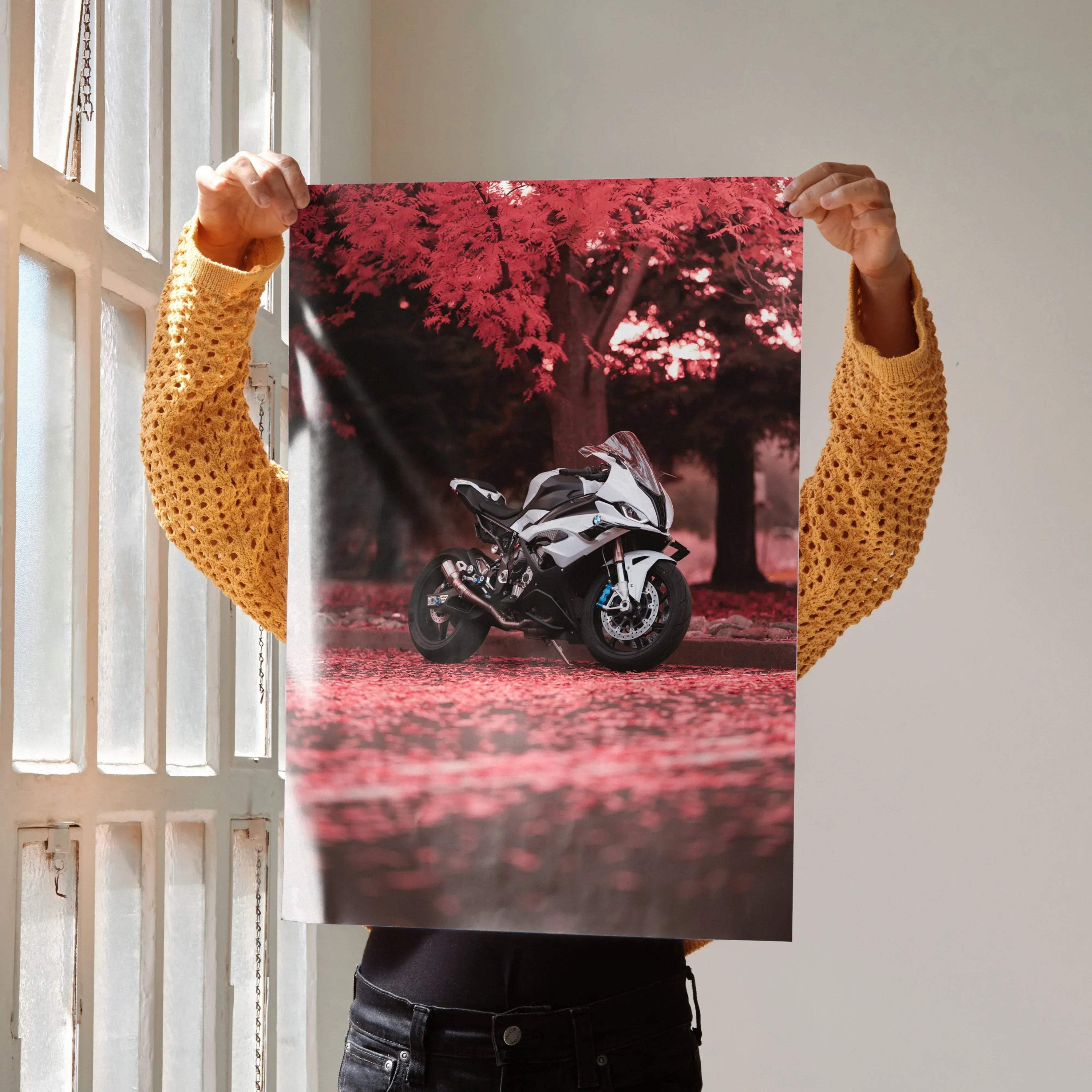 BMW S1000RR motorcycle poster with red autumn foliage, luxury wall art print for home decor.