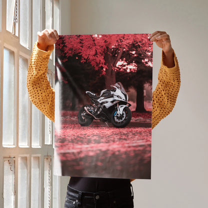 BMW S1000RR motorcycle poster with red autumn foliage, luxury wall art print for home decor.