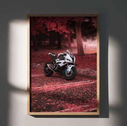 BMW S1000RR motorcycle poster with red autumn forest background, modern wall art in wooden frame.