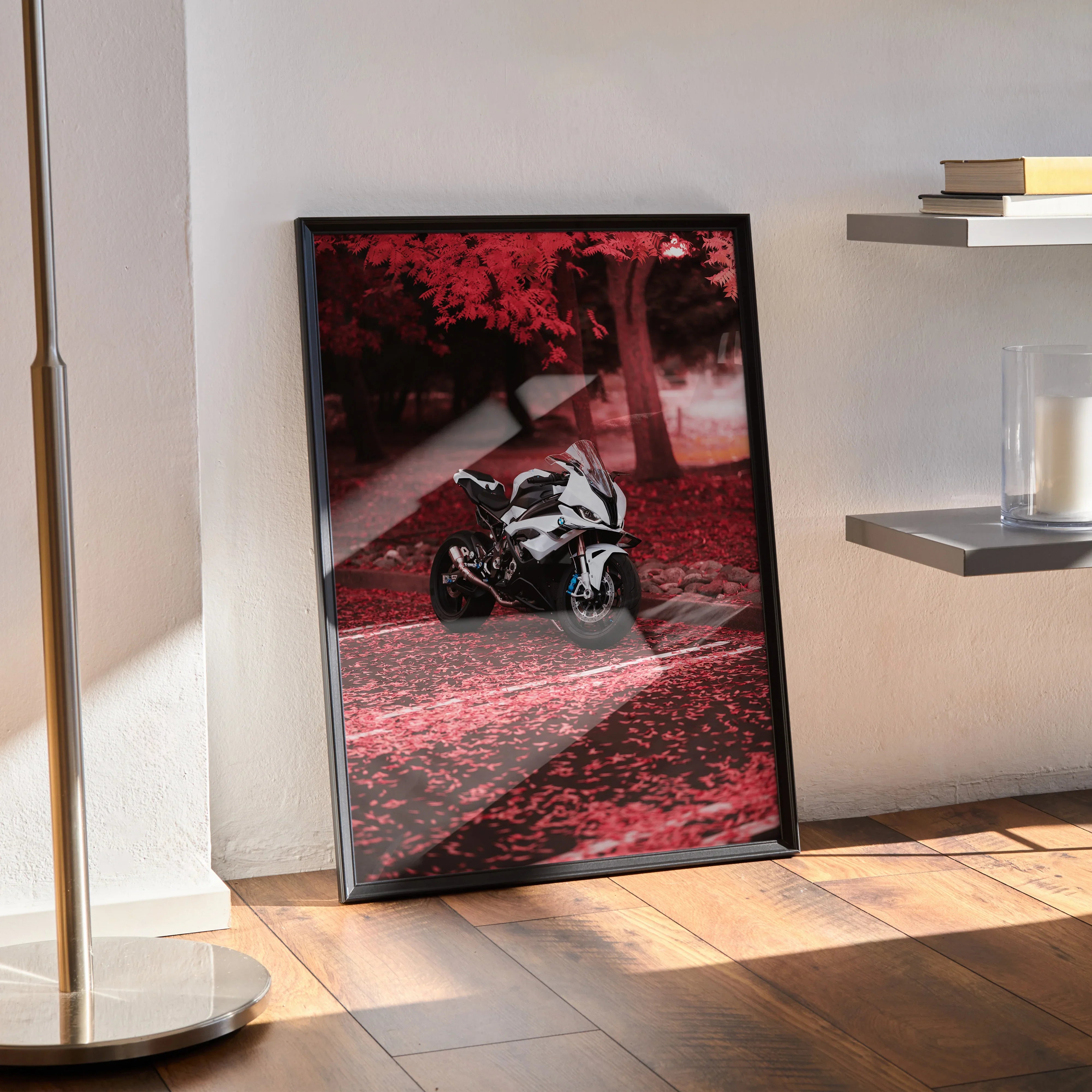 BMW S1000RR motorcycle poster with red and black abstract background wall art in black frame.