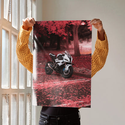 BMW S1000RR motorcycle poster with red autumn forest backdrop wall art.
