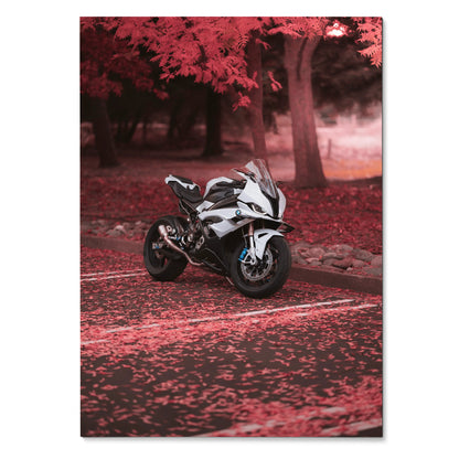 BMW S1000RR motorcycle poster with black and white bike on red autumn forest road wall art.