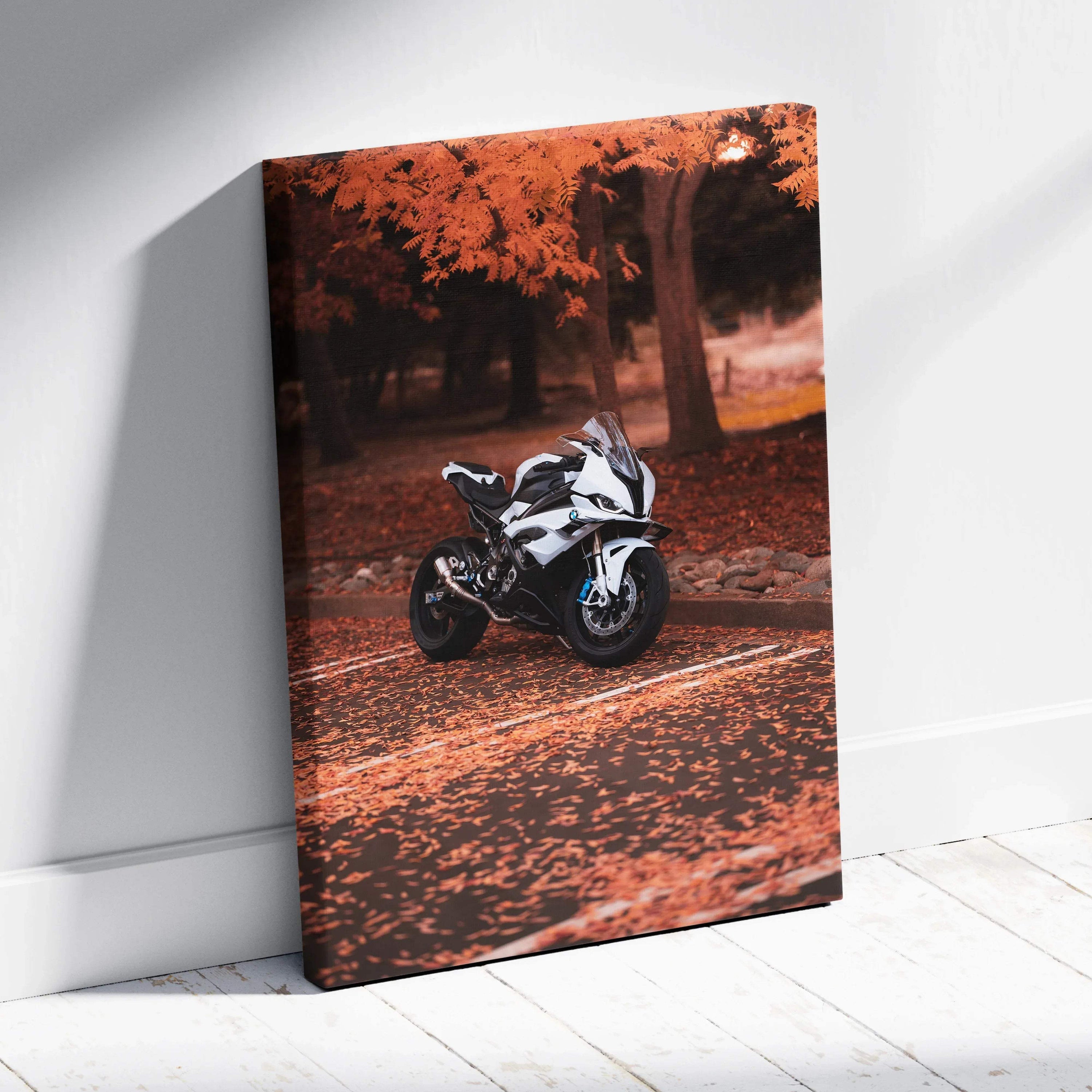 BMW S1000RR motorcycle on autumn road framed as vertical canvas wall art with rich fall colors.