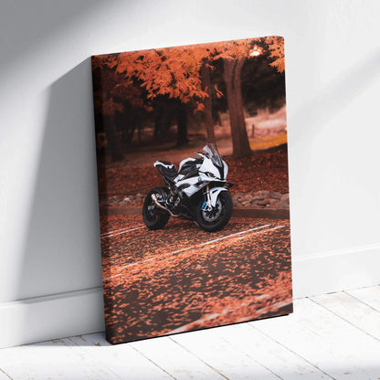 BMW S1000RR motorcycle on autumn road framed as vertical canvas wall art with rich fall colors.
