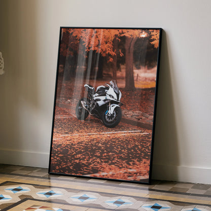 BMW S1000RR motorcycle poster with autumn leaves, black frame wall art leaning on floor.