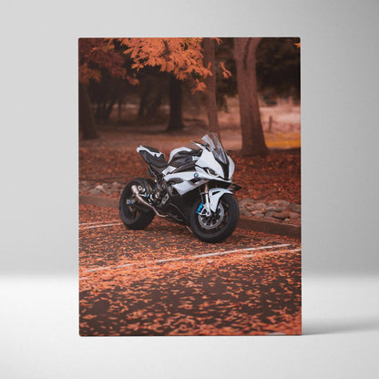BMW S1000RR motorcycle in autumn setting on high-resolution vertical canvas wall art.