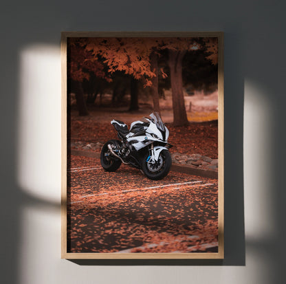 BMW S1000RR racing motorcycle poster with autumn forest background wall art.