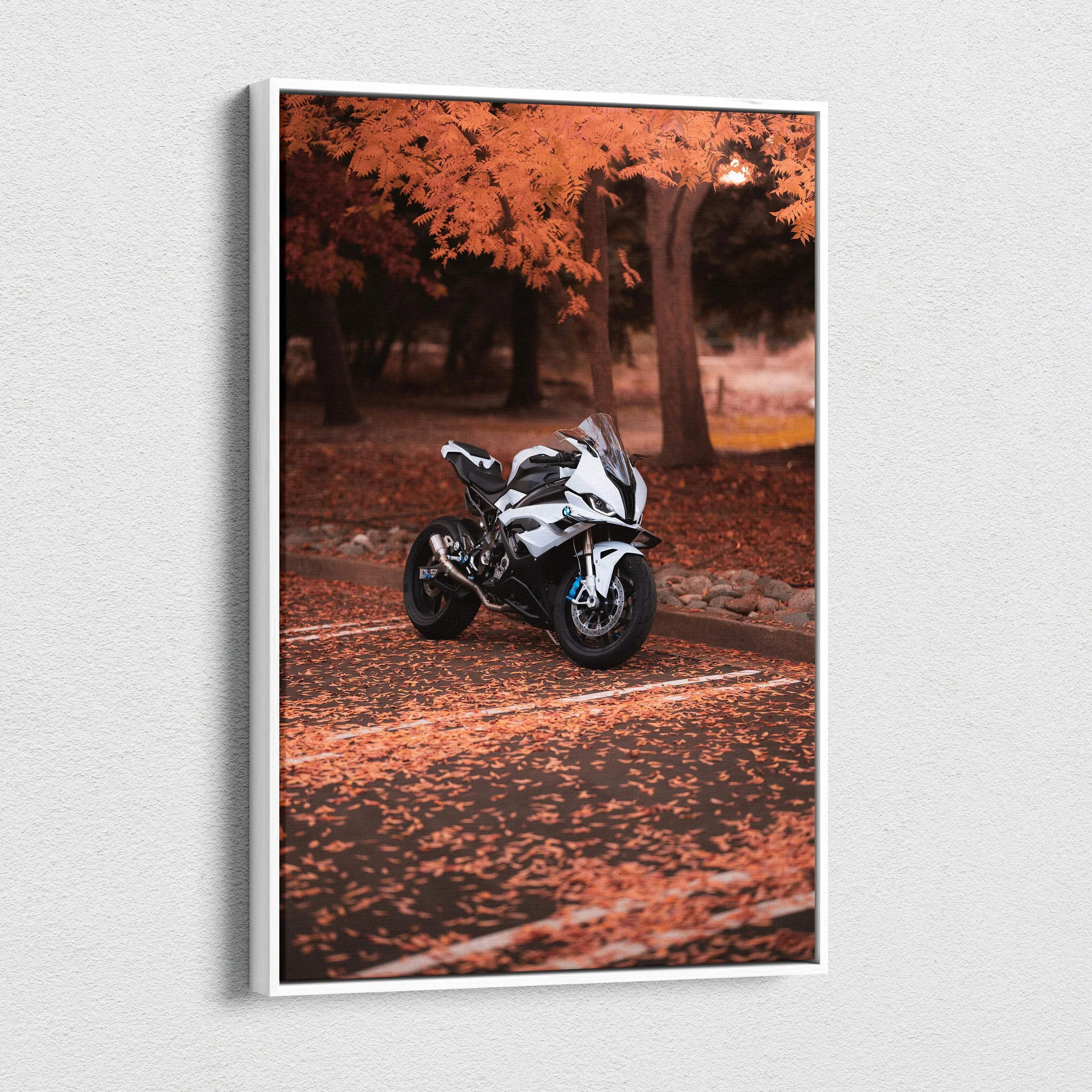 BMW S1000RR motorcycle printed on vertical canvas wall art with autumn forest background.