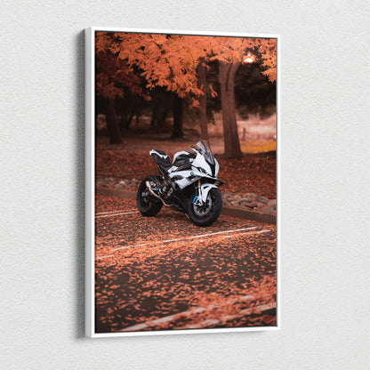 BMW S1000RR motorcycle printed on vertical canvas wall art with autumn forest background.