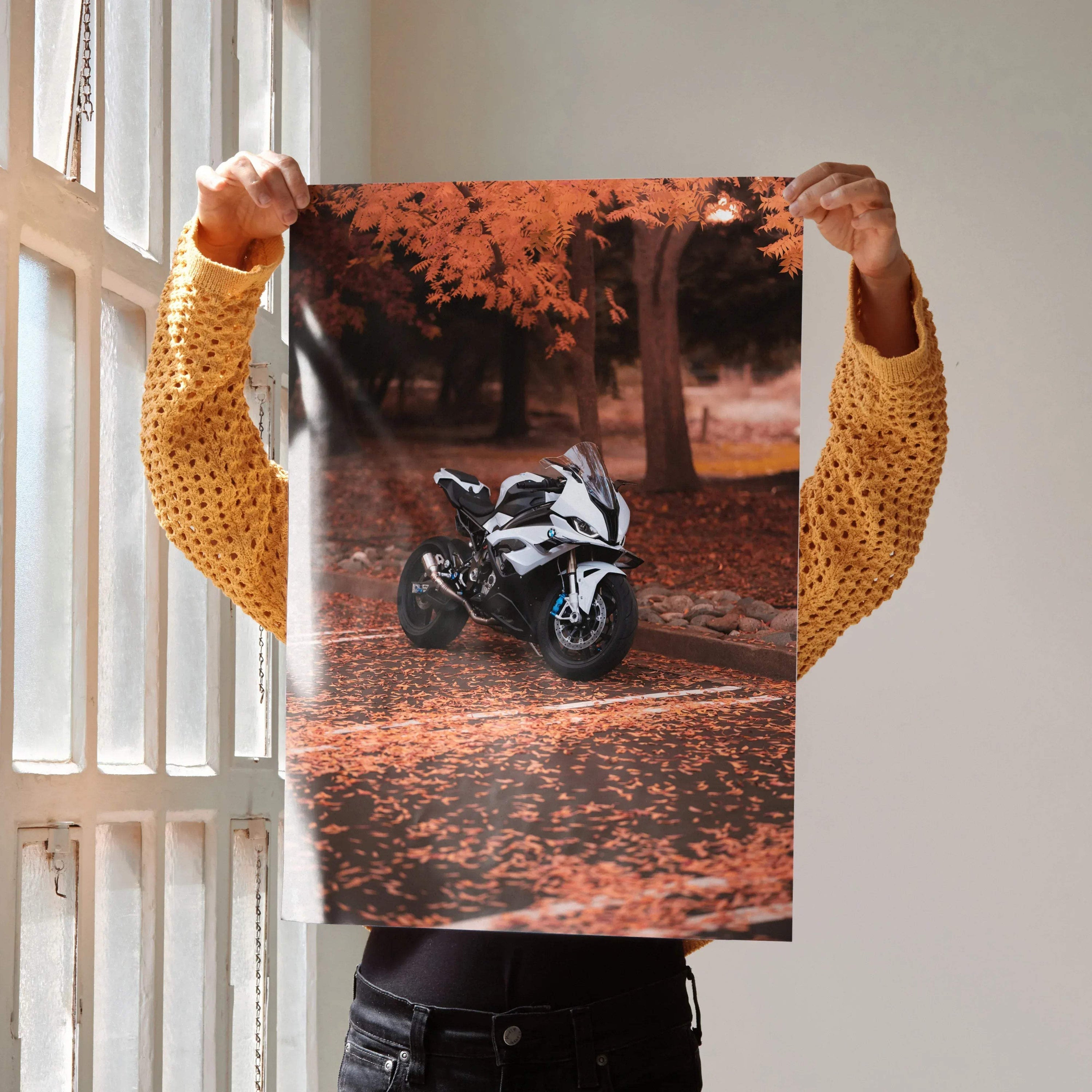 BMW S1000RR motorcycle poster on autumn road, dynamic racing wall art in vibrant orange tones.