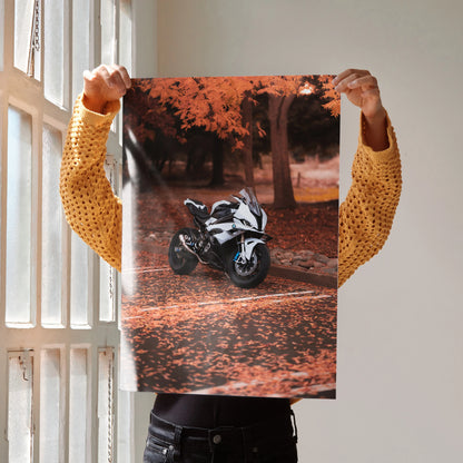 BMW S1000RR motorcycle poster on autumn road, dynamic racing wall art in vibrant orange tones.