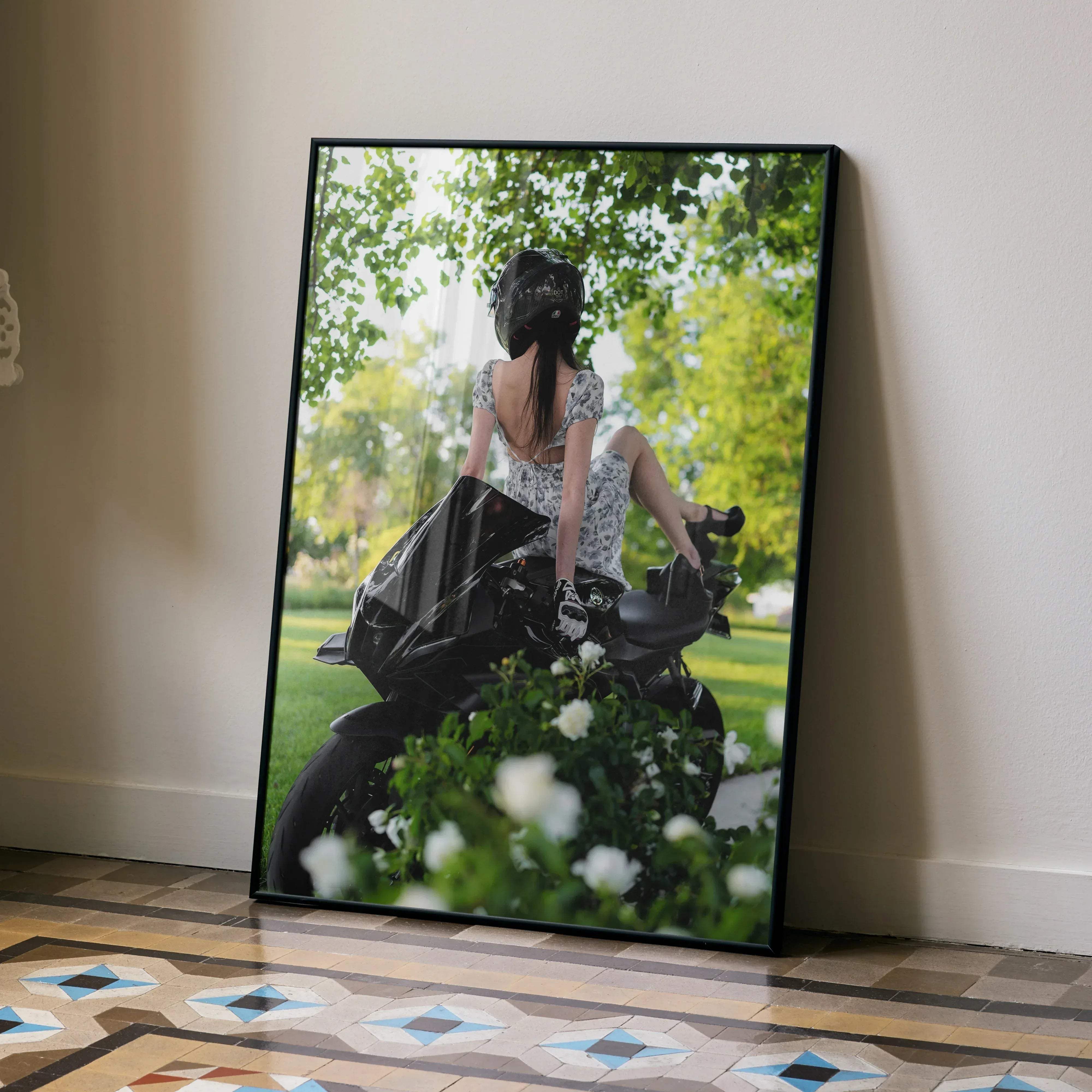 Black-framed rectangular biker poster #078 featuring a woman in patterned dress on yamaha r7 with agv pista helmet