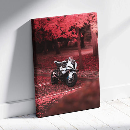 Vertical canvas wall art featuring a white sport motorcycle in a red forest setting.
