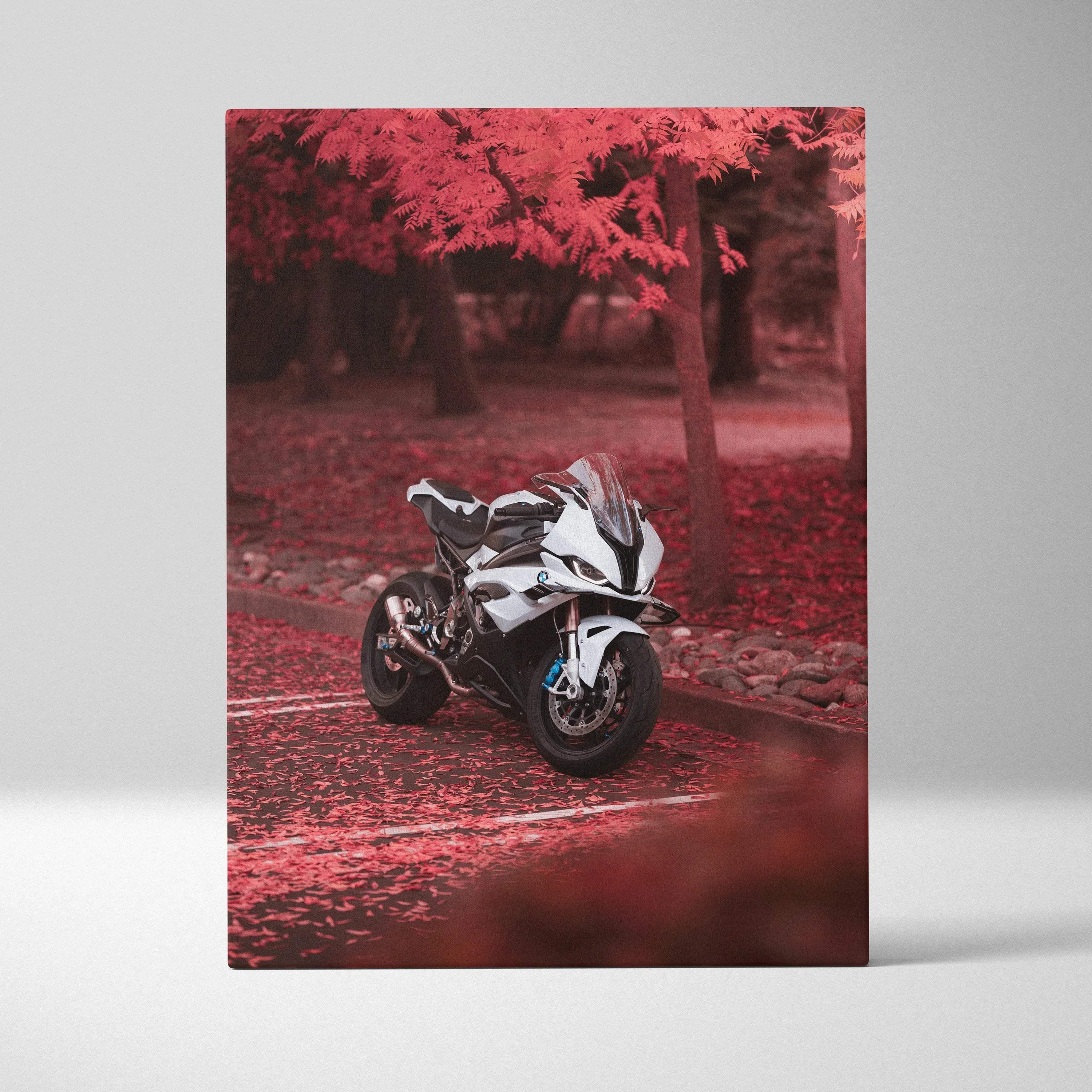 BMW S1000RR motorcycle on red autumn leaves canvas wall art vertical print.