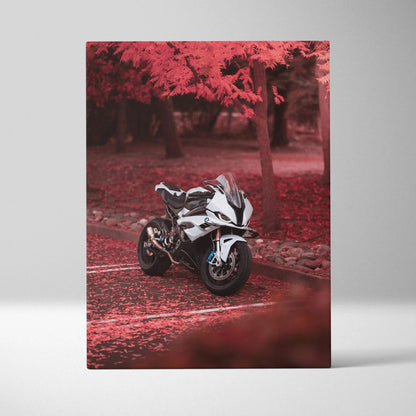 BMW S1000RR motorcycle on red autumn leaves canvas wall art vertical print.