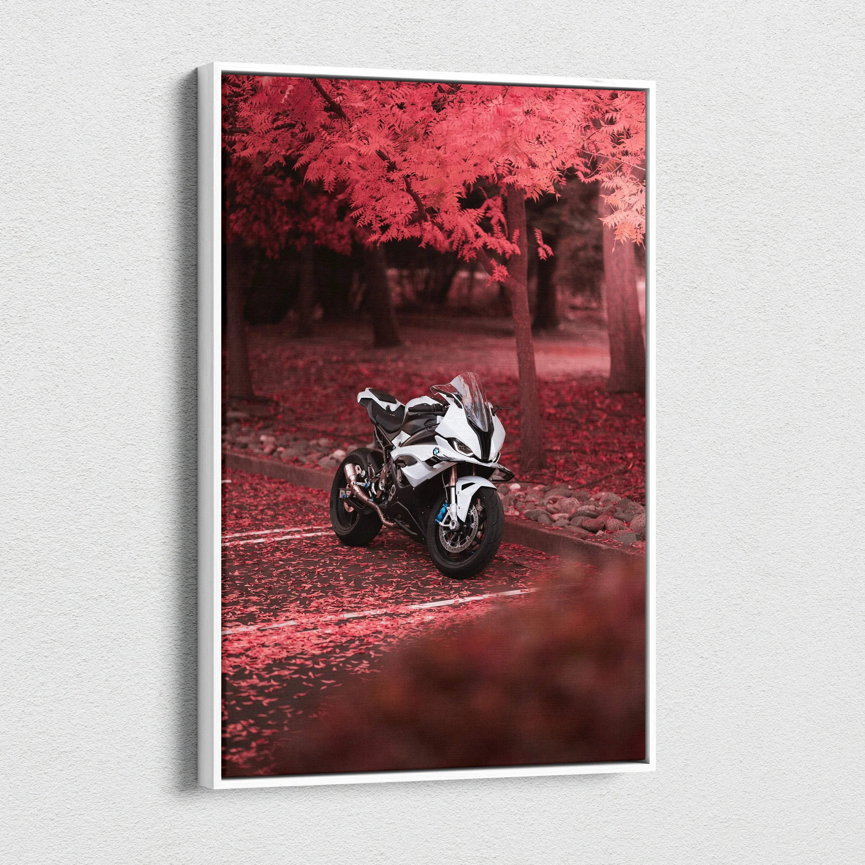 BMW S1000RR motorcycle on red autumn leaf path, vertical canvas wall art, museum quality print.