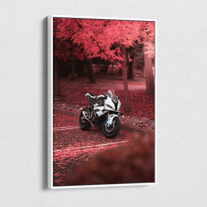 BMW S1000RR motorcycle on red autumn leaf path, vertical canvas wall art, museum quality print.