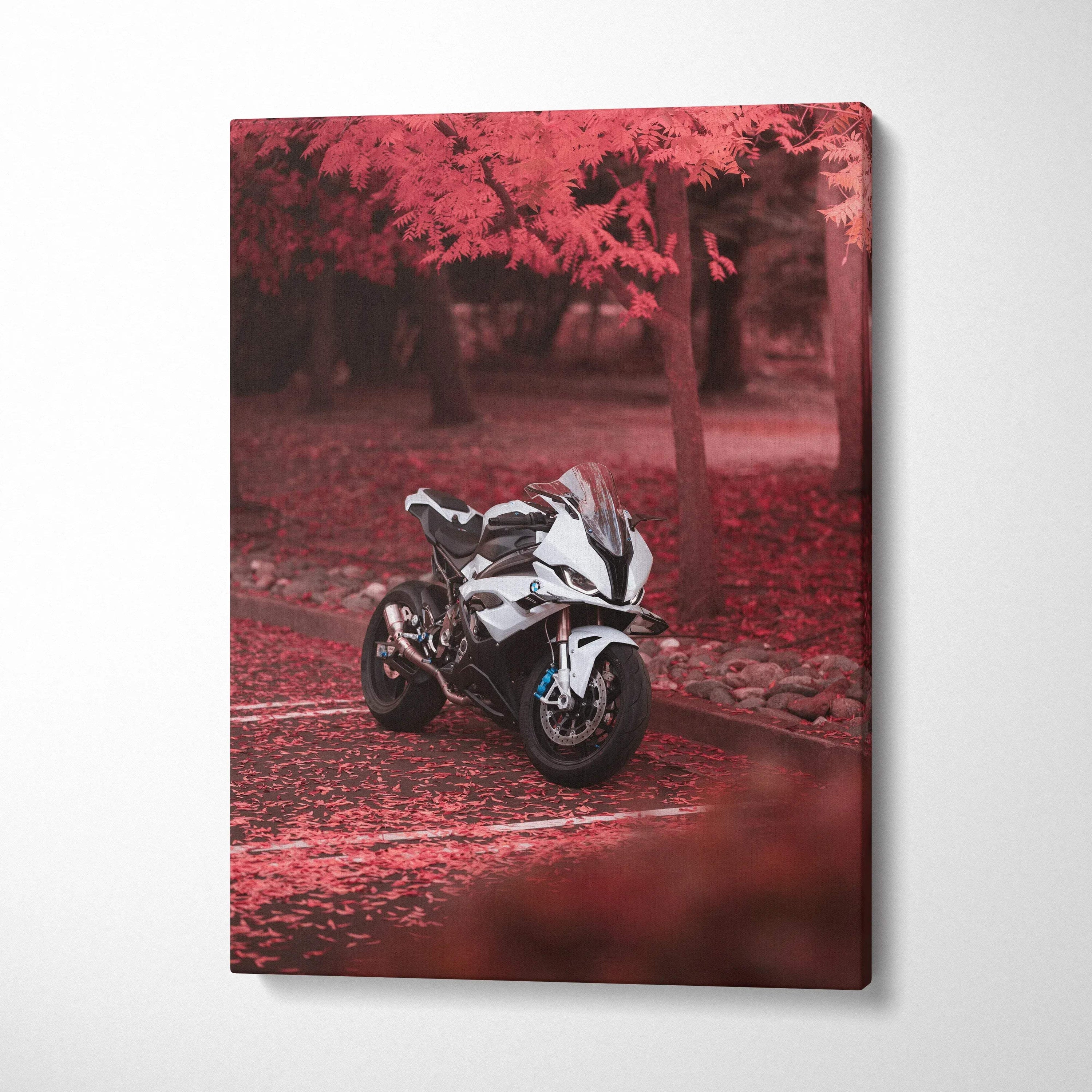 BMW S1000RR motorcycle in red autumn forest scene on vertical canvas wall art.