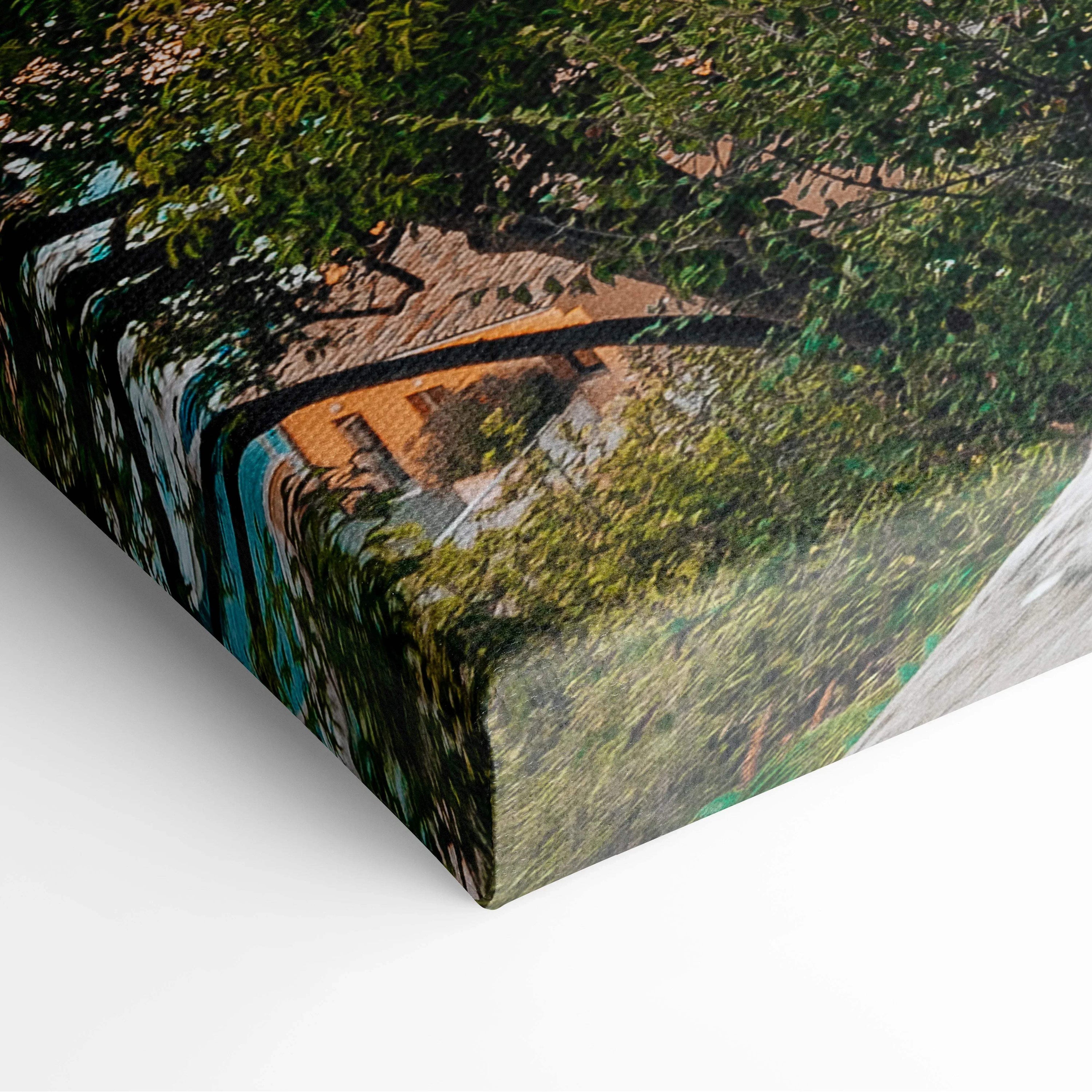 Modern architecture canvas wall art with vibrant green trees and urban building details.
