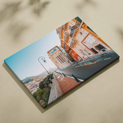 Colorful modern architecture scene printed on stretched canvas with urban buildings and clear sky wall art.