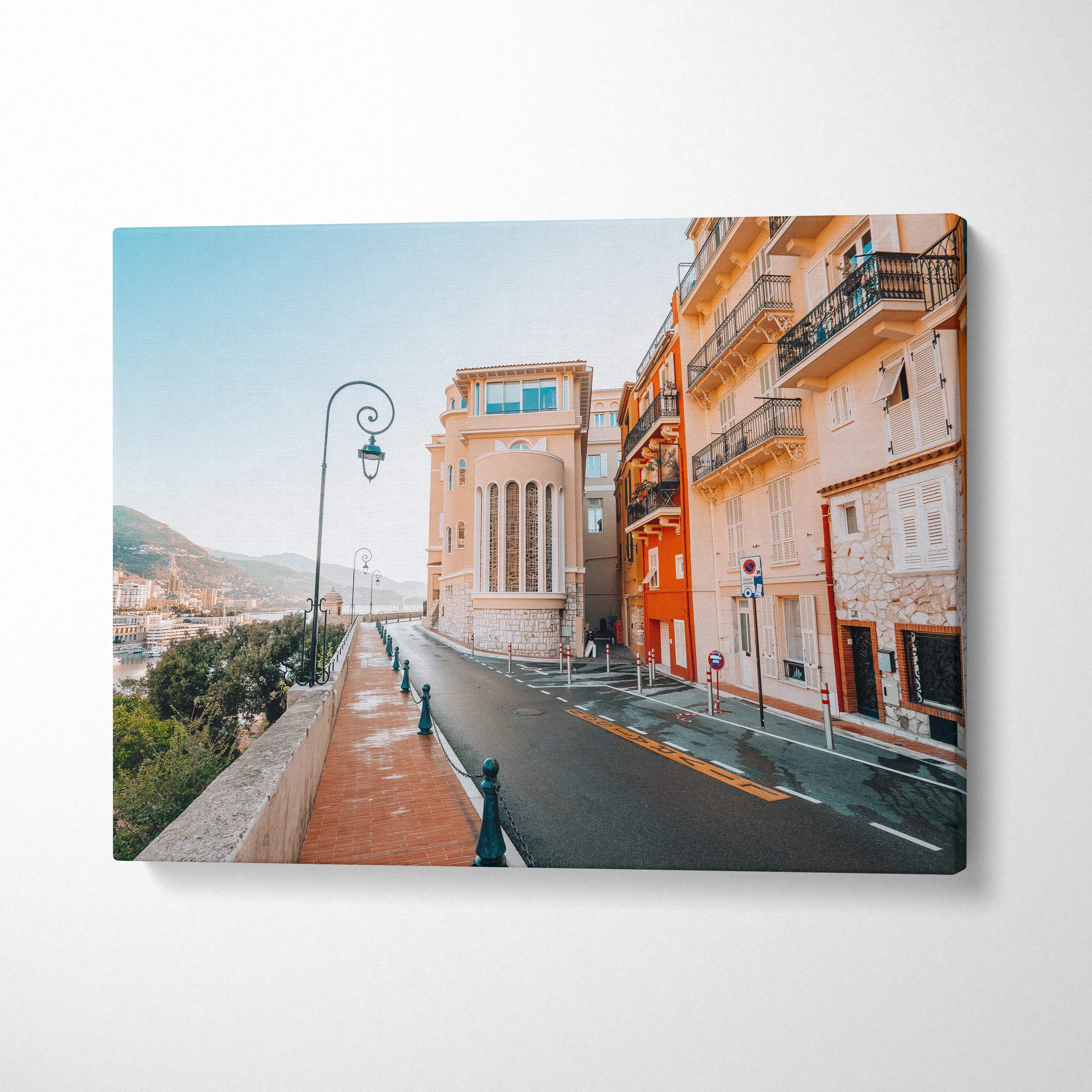 Modern architecture canvas wall art featuring urban buildings in warm tones with street and lamp post detail.