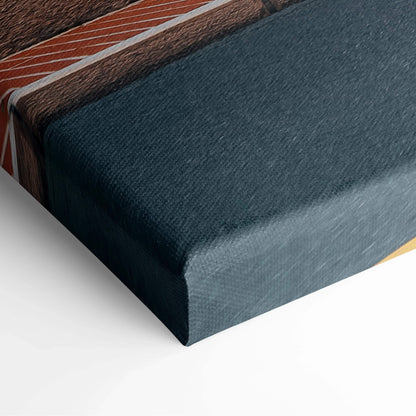 Close-up of stretched canvas corner in dark blue and brown tones with geometric architectural design on wall art print.