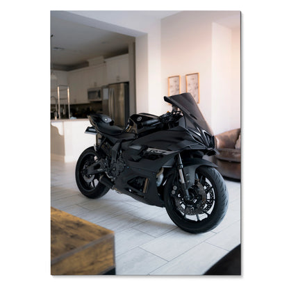Yamaha R7 motorcycle poster featuring sleek black sportbike in modern living room wall art.