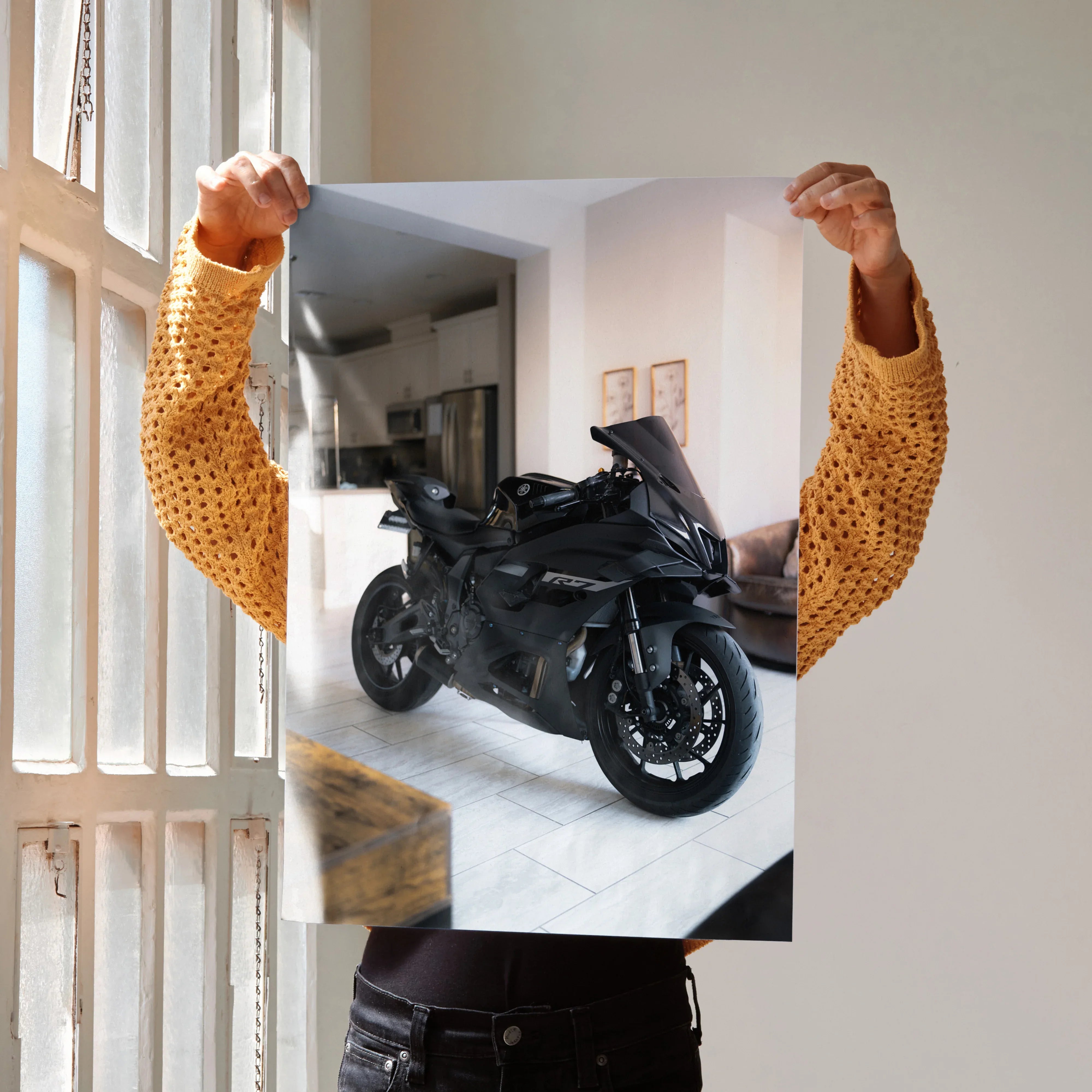 Yamaha R7 black sport motorcycle poster held indoors, sleek design wall art.