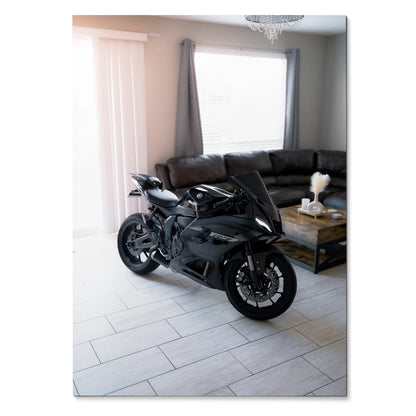 Yamaha R7 black sport motorcycle poster wall art in modern living room setting.