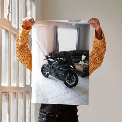 Yamaha R7 black sport motorcycle poster wall art held indoors with modern living room background.