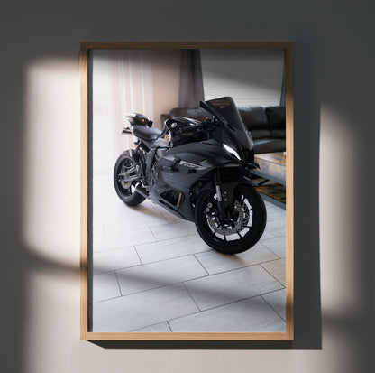 Yamaha R7 black sport motorcycle poster wall art in wooden frame hanging on wall.