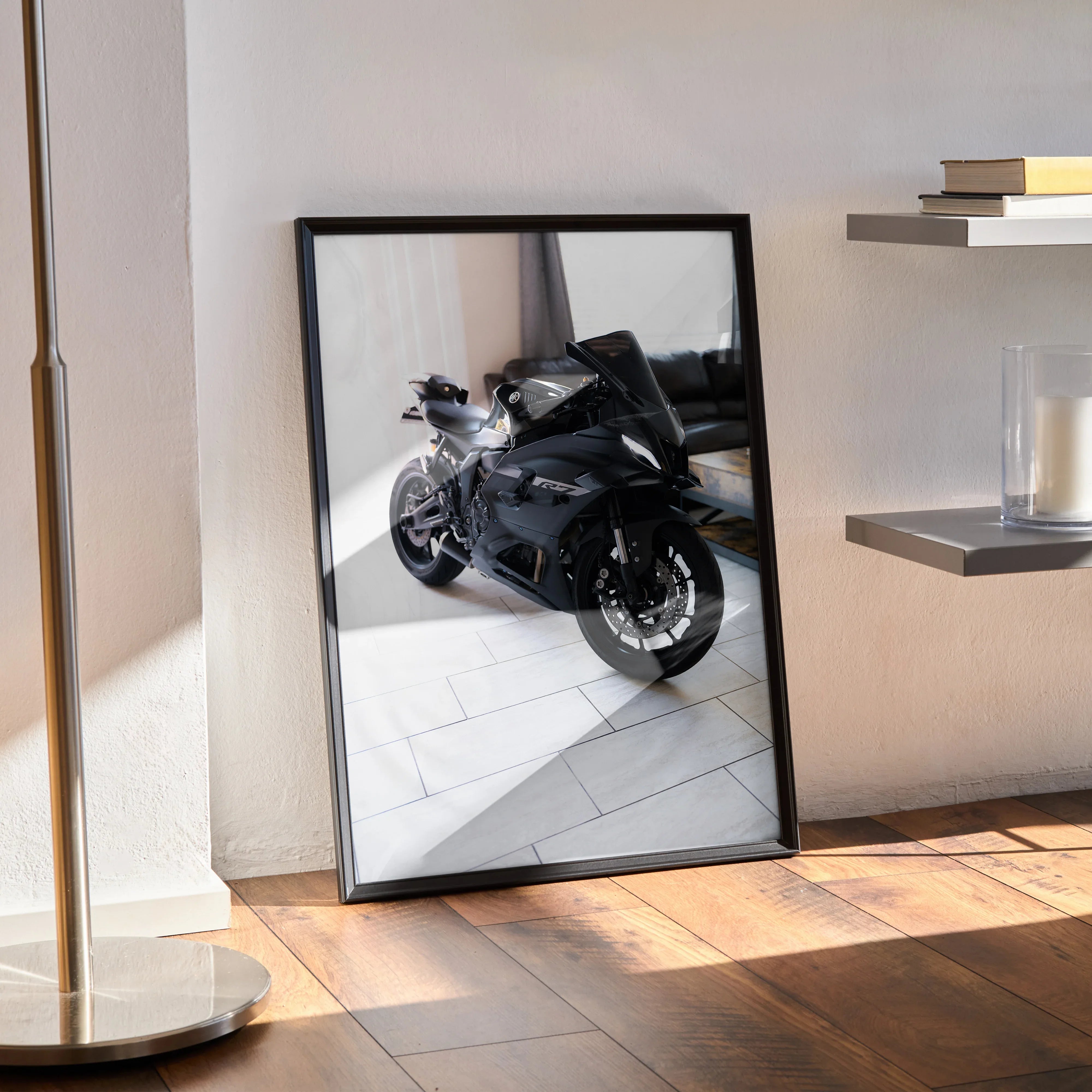 Yamaha R7 motorcycle poster with sleek black bike design leaning against wall, modern wall art.