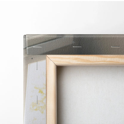 Close-up of wooden frame corner and white stretched canvas texture for high-quality wall art canvas print.