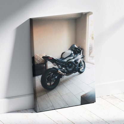 Vertical canvas art of a black and white BMW S1000RR motorcycle, high-resolution wall art print.