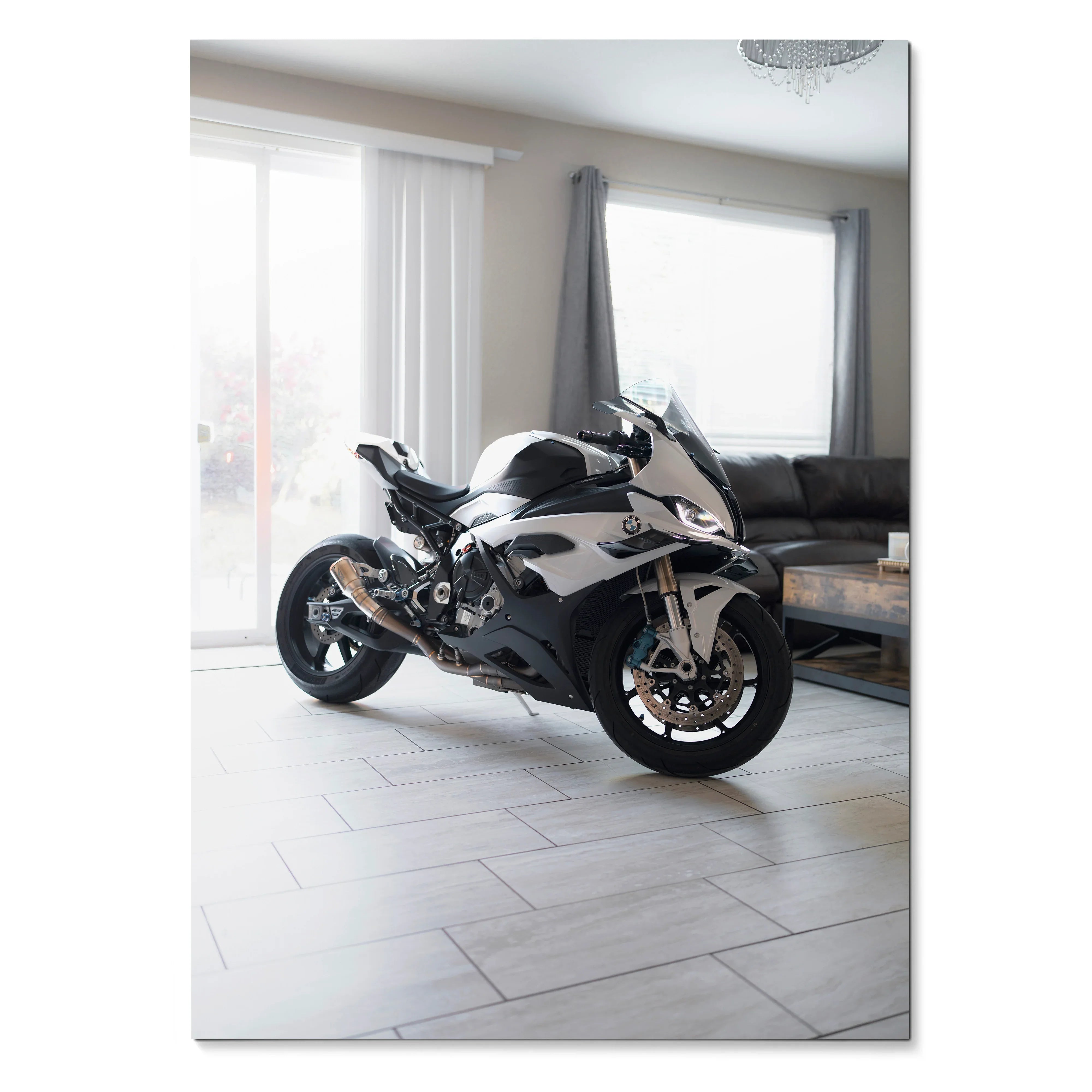 BMW S1000RR motorcycle wall art poster in sleek black and white, set in modern living space.