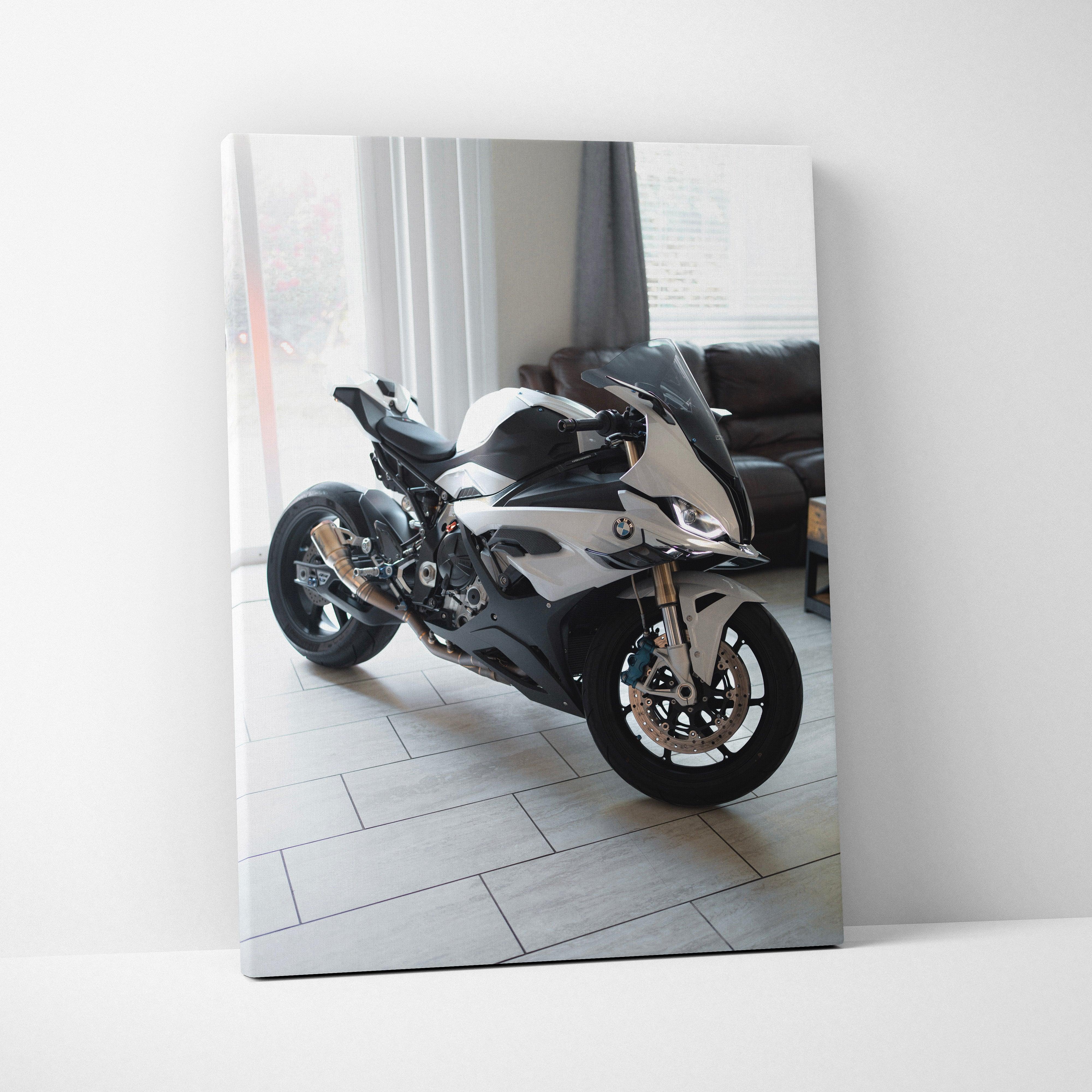 BMW S1000RR motorcycle canvas art showing sleek black and white bike in modern living room wall art.