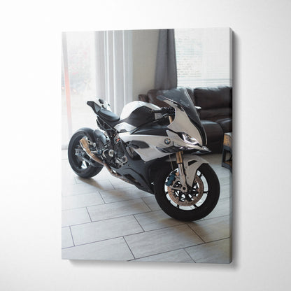 BMW S1000RR motorcycle artistic vertical canvas wall art with sleek black and white design.