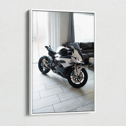 Vertical canvas wall art featuring a high-resolution BMW S1000RR motorcycle in a modern living room setting.