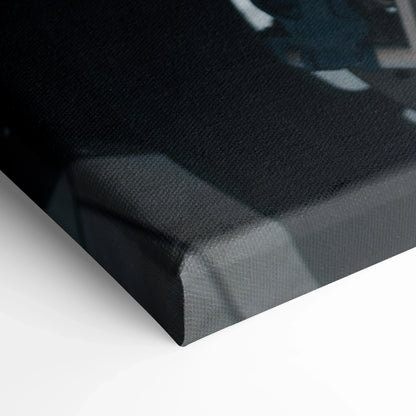 Close-up of black and gray BMW S1000RR motorcycle canvas art corner with museum-quality texture.