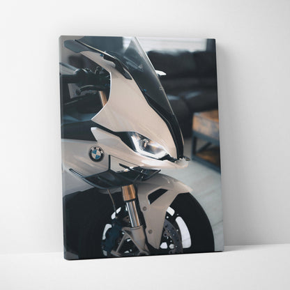 BMW S1000RR close-up canvas wall art with high-resolution vertical motorcycle detail.