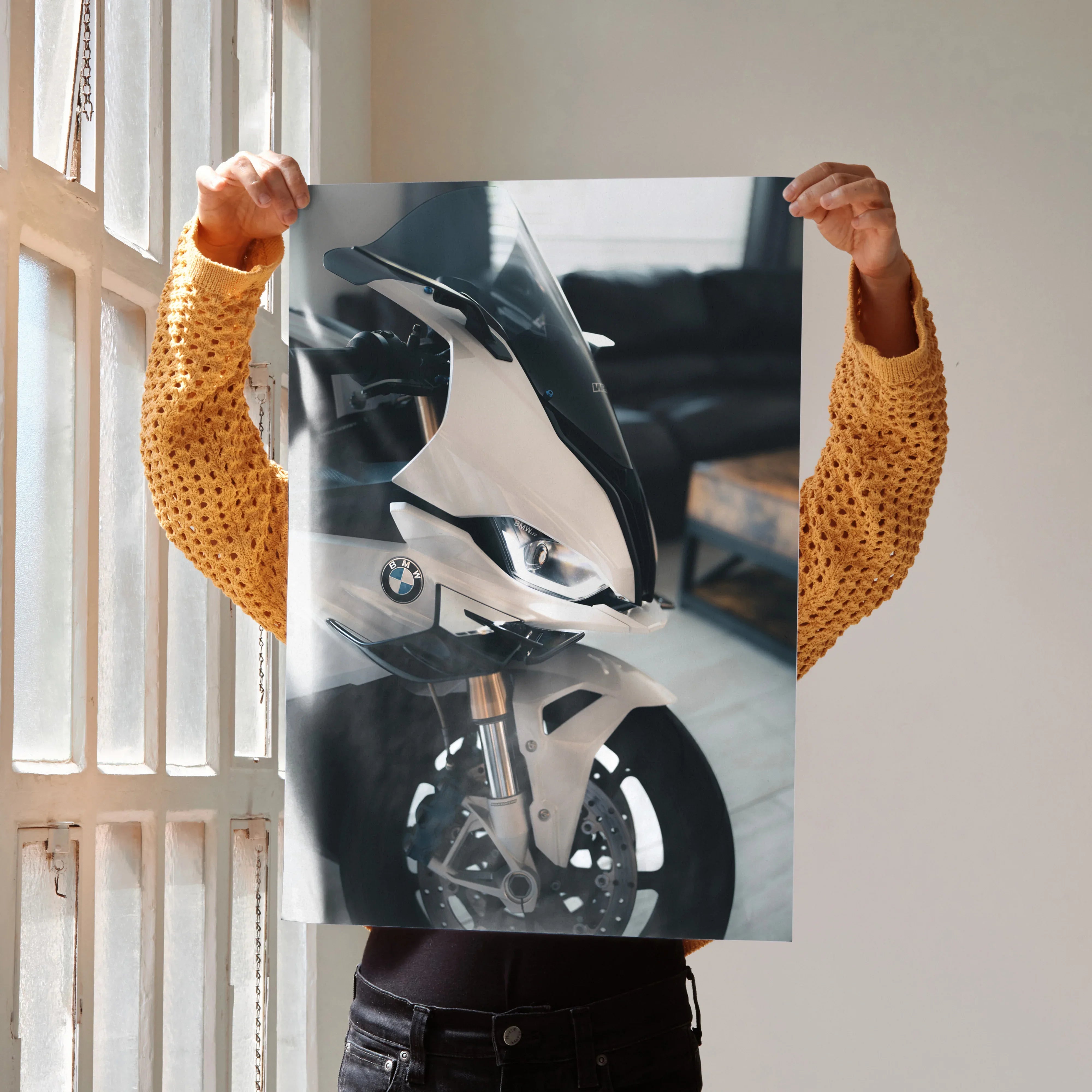 BMW S1000RR motorcycle close-up poster with high-resolution detail and sleek wall art design.