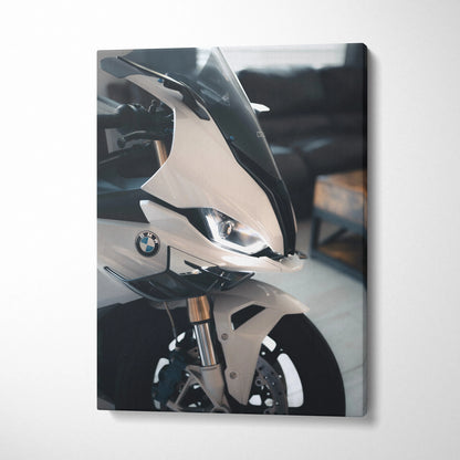 Vertical canvas art of BMW S1000RR motorcycle front in high resolution wall art print.