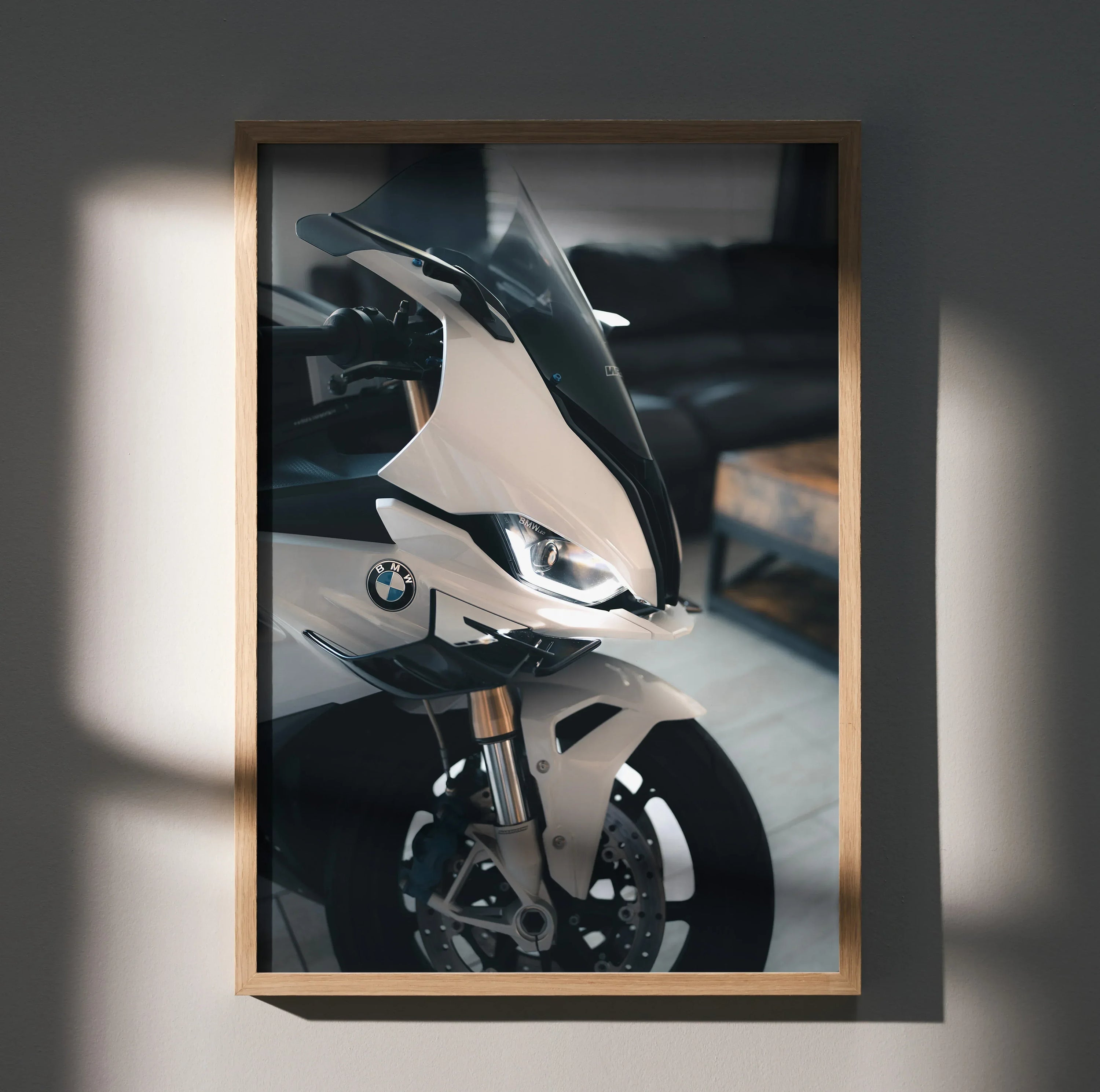 BMW S1000RR motorcycle close-up in sleek black and white, framed poster wall art.