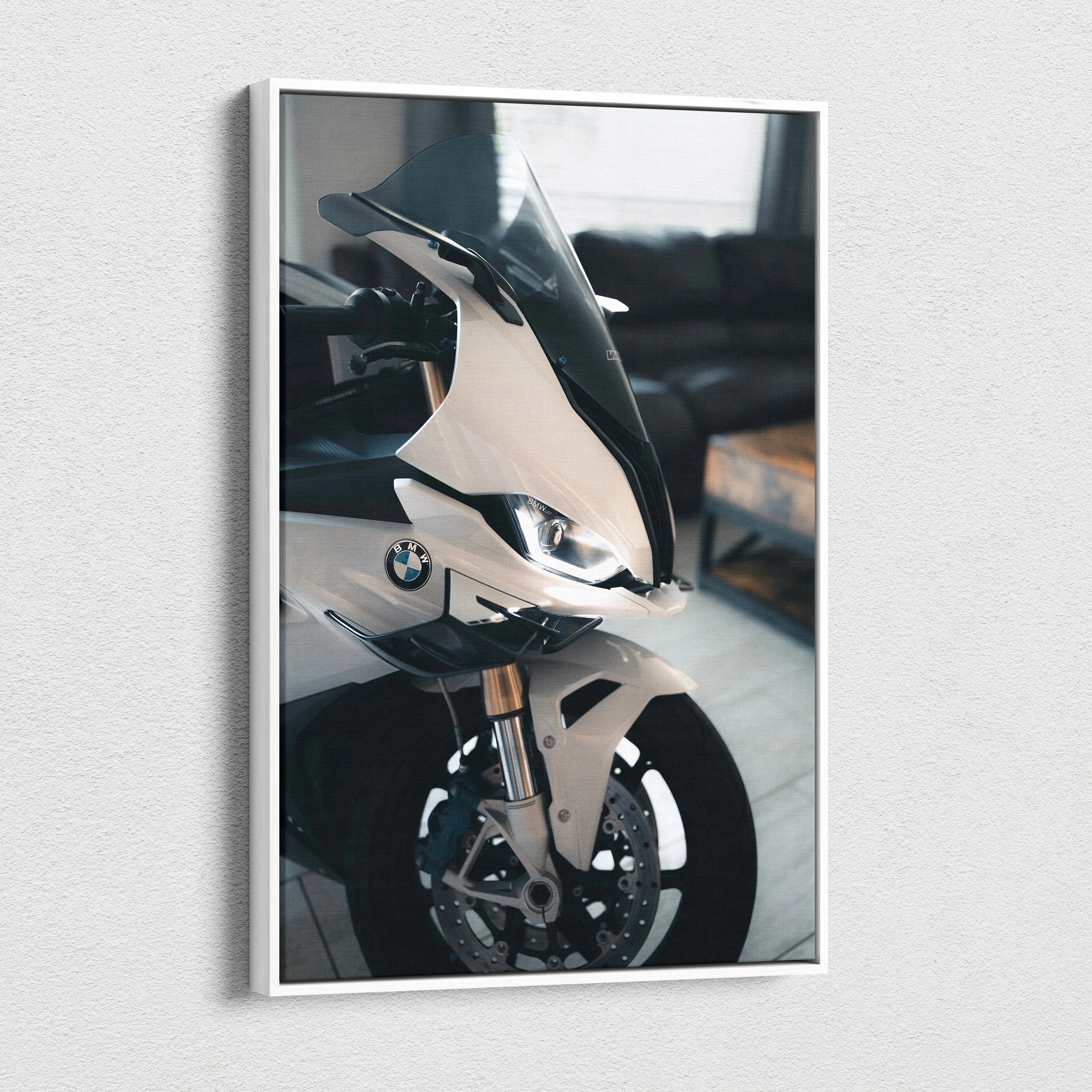 BMW S1000RR motorcycle close-up vertical canvas art with sleek white fairing and front wheel detail.