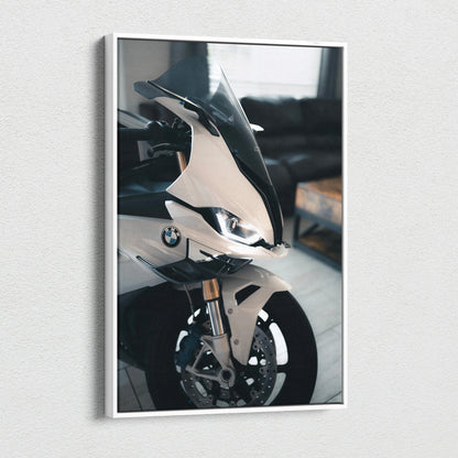 BMW S1000RR motorcycle close-up vertical canvas art with sleek white fairing and front wheel detail.