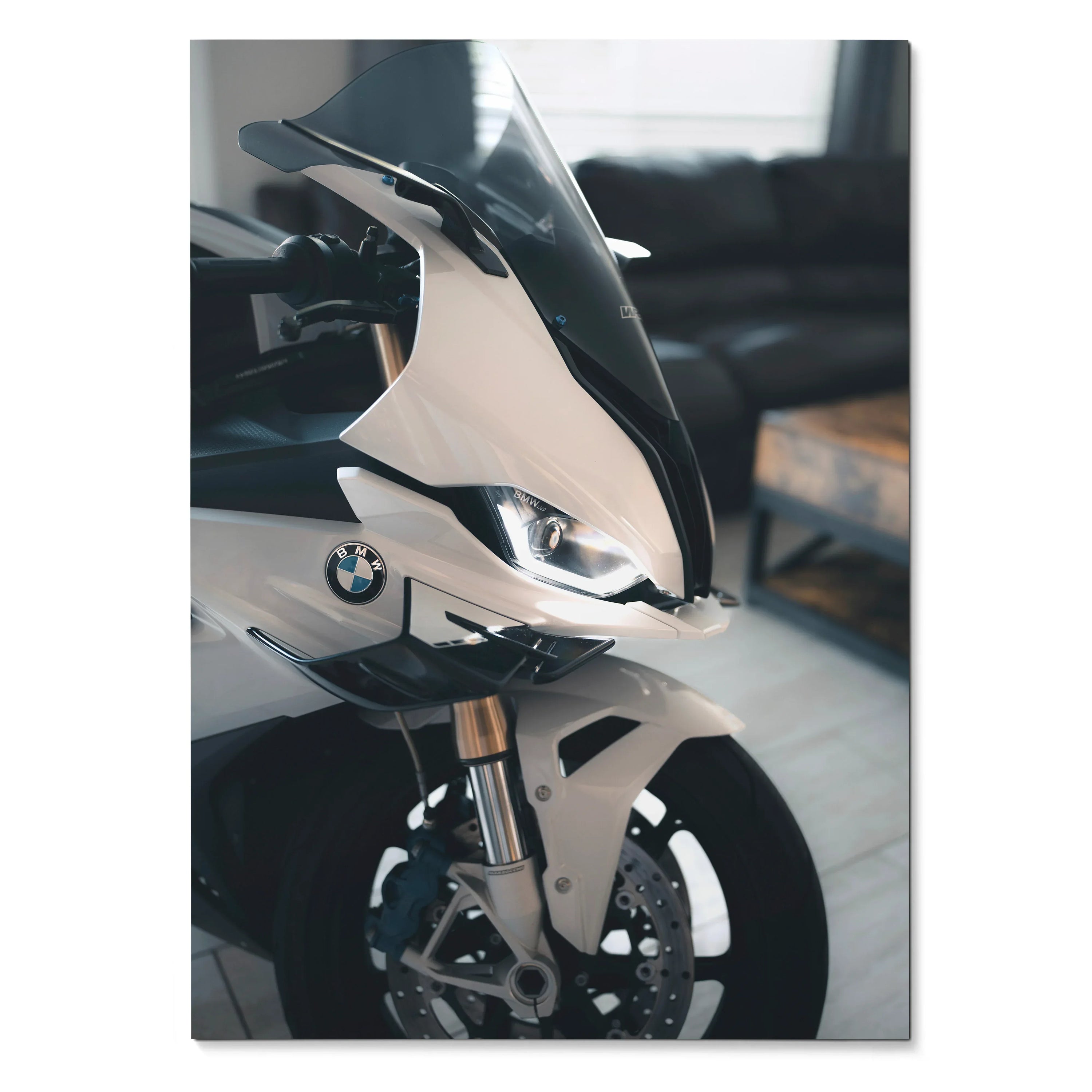 BMW S1000RR motorcycle close-up poster with sleek white fairing and sharp headlights wall art.