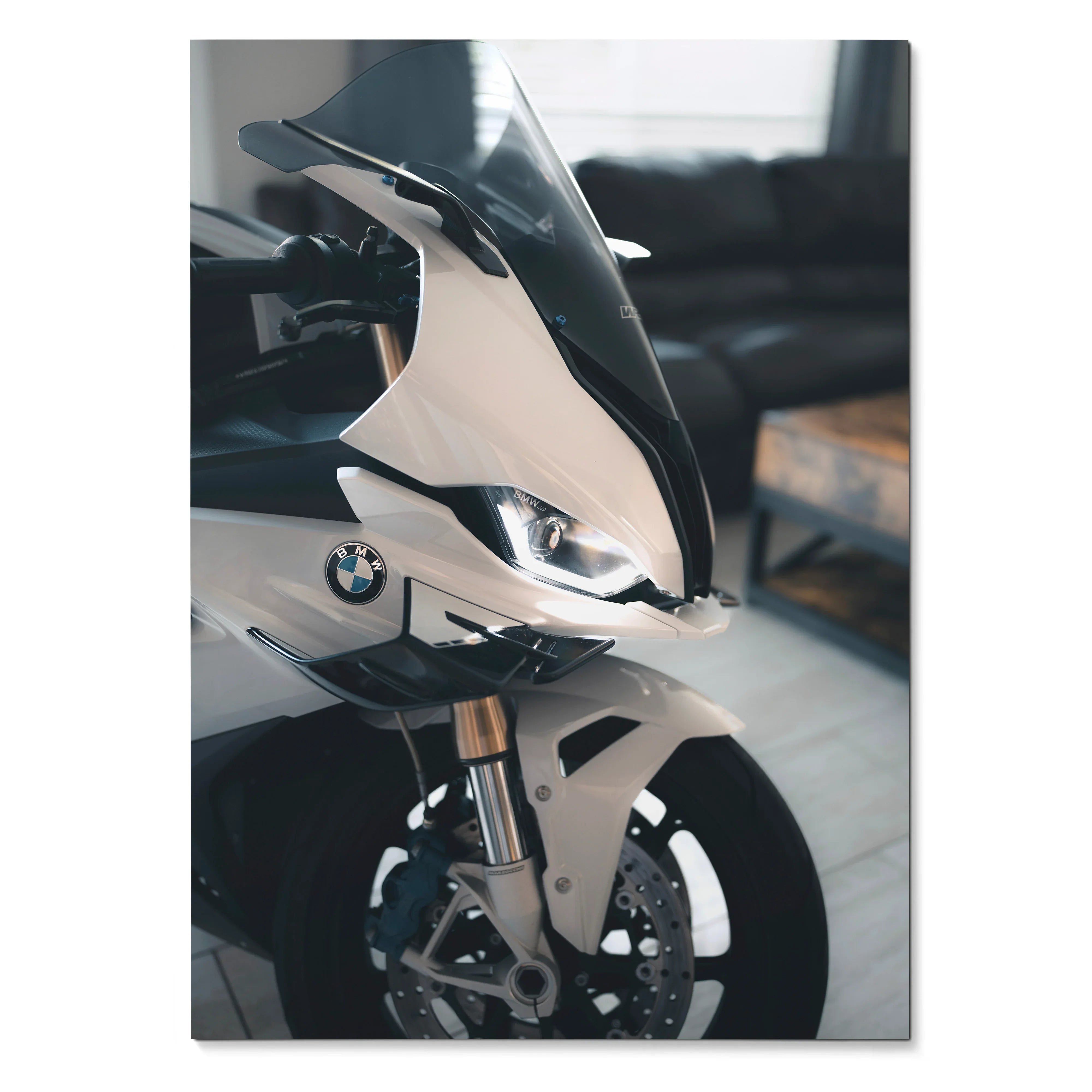 BMW S1000RR motorcycle close-up poster with sleek white fairing and sharp headlights wall art.