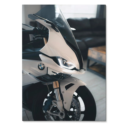 BMW S1000RR motorcycle close-up poster with sleek white fairing and sharp headlights wall art.