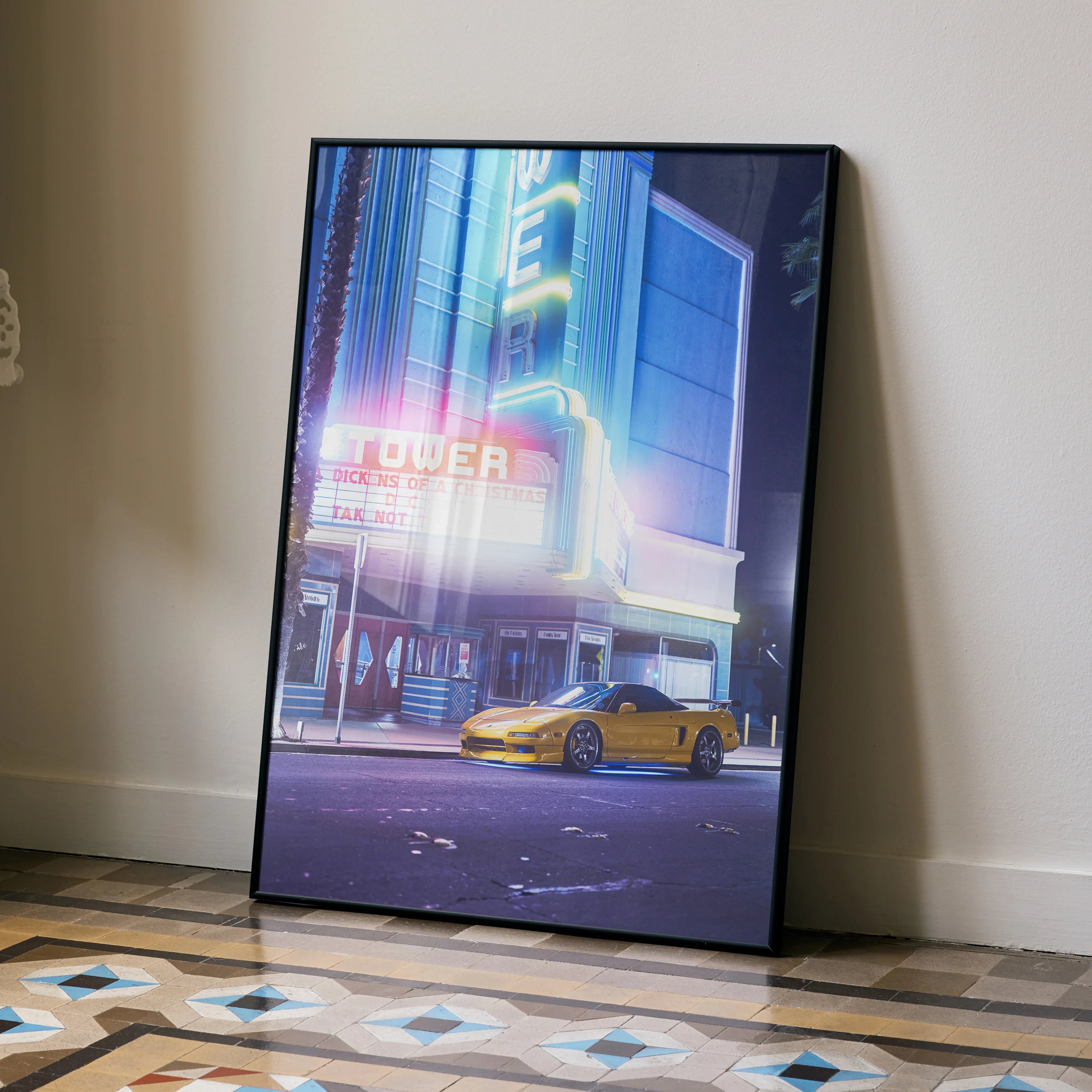 Acura NSX poster with vibrant neon cityscape wall art in a sleek black frame.