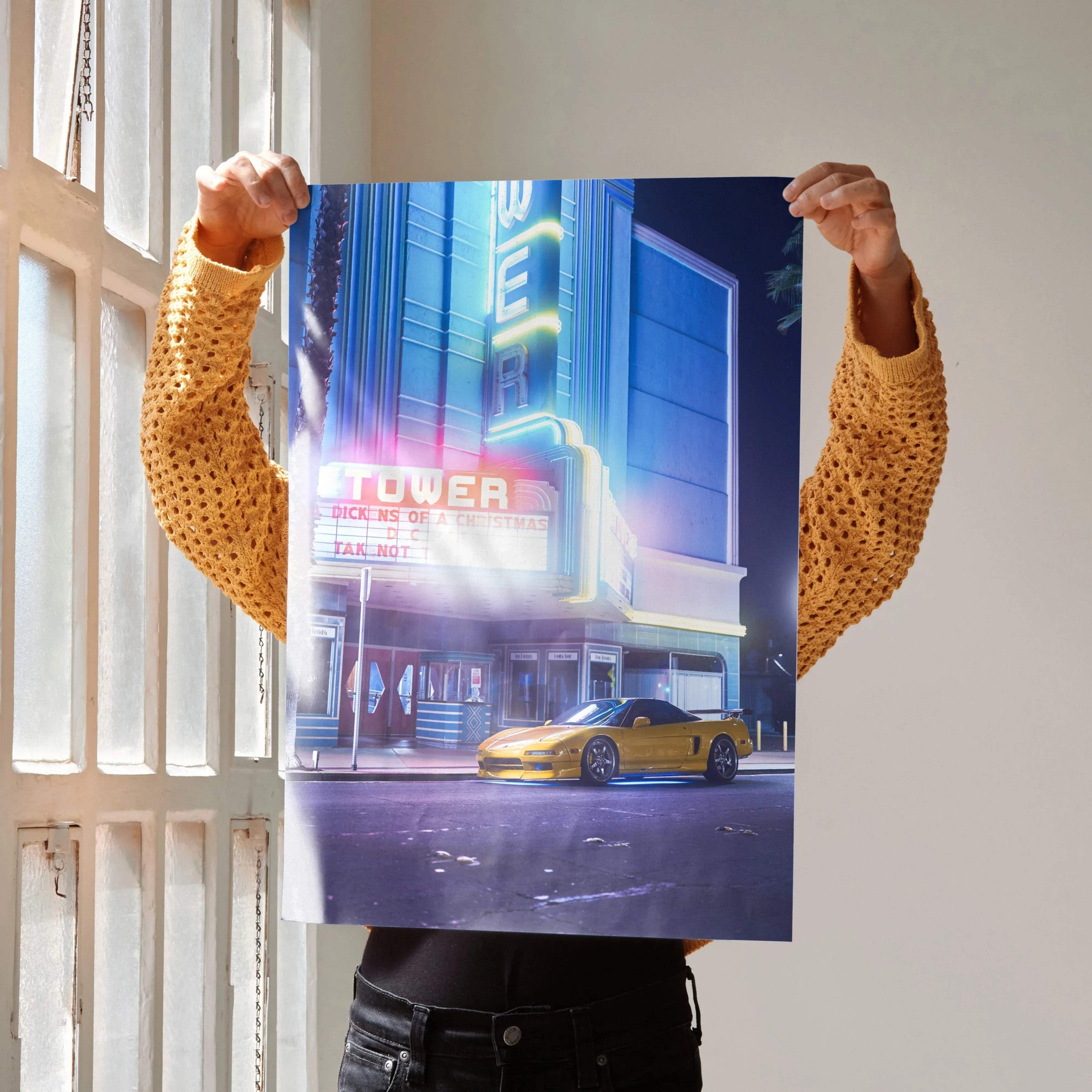 Acura NSX art poster showing yellow sports car with neon city background, premium wall art.